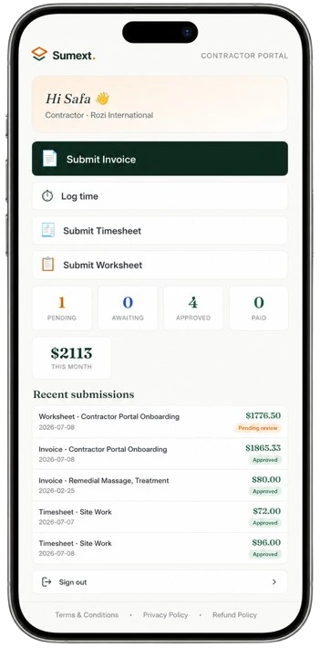 The Sumext contractor portal home on a phone — submit invoice, log time, submit timesheet or worksheet.