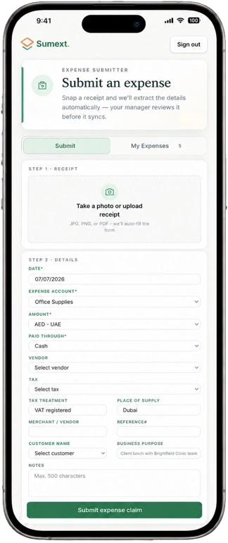 The Sumext staff expense submitter on a phone — snap a receipt and submit a policy-ready expense claim for approval.