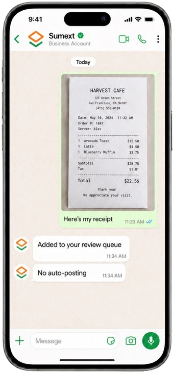 A receipt shared with Sumext on WhatsApp, added to the review queue with nothing auto-posted.